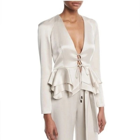 Alexis Blush Gold Satin Peplum Top with Lace-Up Detail, Size XS - Picture 1 of 11